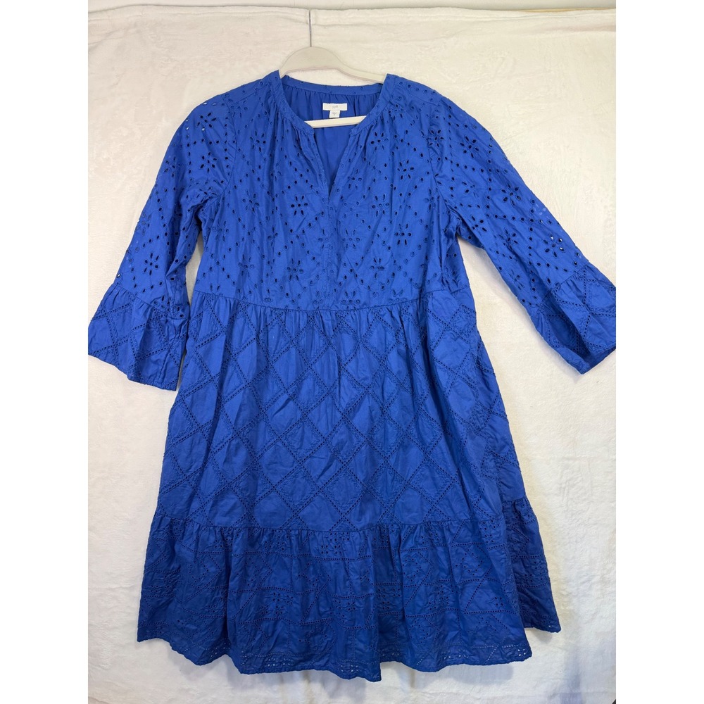 J. Jill Eyelet Tiered Dress M Blue V-Neck 3/4 Sleeve Cotton Lined Women